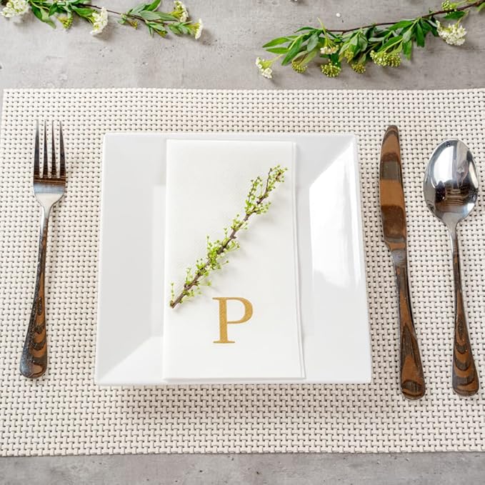 Luxenap 15.8 X 7.9 Inch Linen-Feel Guest Towels, 50 Lettered Hand Towels - Gold Letter 'P', Sans Serif Font, White Paper Dinner Napkins, airlaid, For Restrooms And Tables