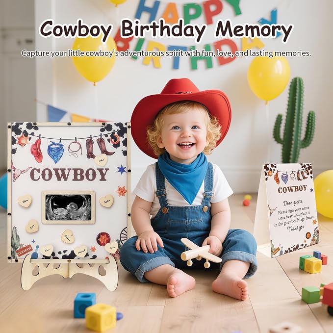 Cowboy Baby Shower Decorations,Western Baby Shower Guest Book Alternatives with Cowboy Pen,60 Heart Wood Slices for 60 Guests,My First Rodeo Birthday Party Decorations Boy or Gir