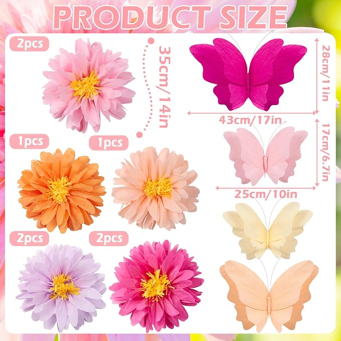 SUNBEAUTY 12 PCS Giant Paper Flowers Large Butterfly Party Decorations Pink Orange Large Tissue Paper Flower for Wall Hanging Butterflies for Birthday Spring Garden Wedding Backdrop Bridal Shower