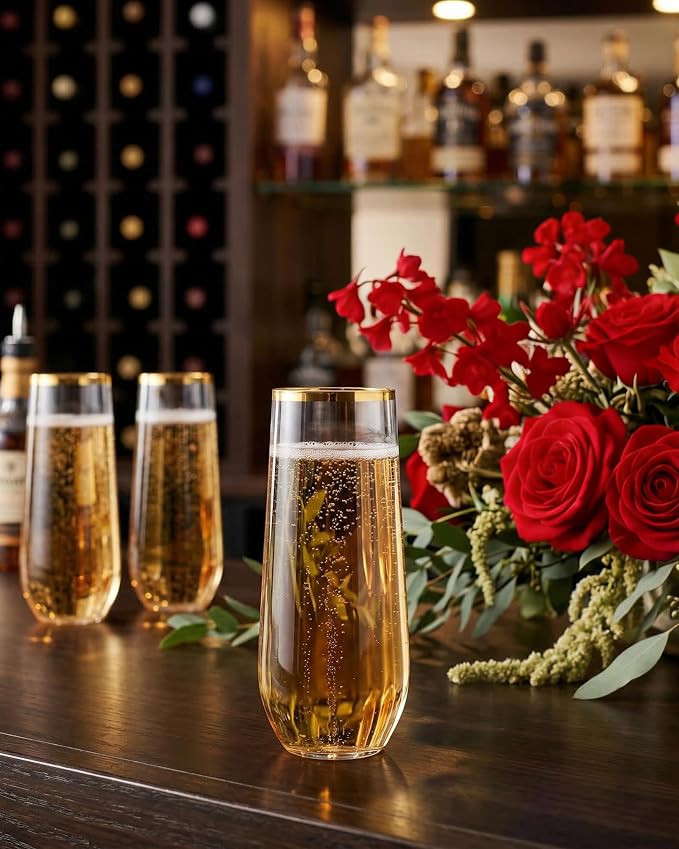 Ciaell 24 Pack Gold Plastic Champagne Flutes - 9 Oz Disposable Champagne Glasses - Stemless Mimosa Glass for Parties & Weddings & Birthdays