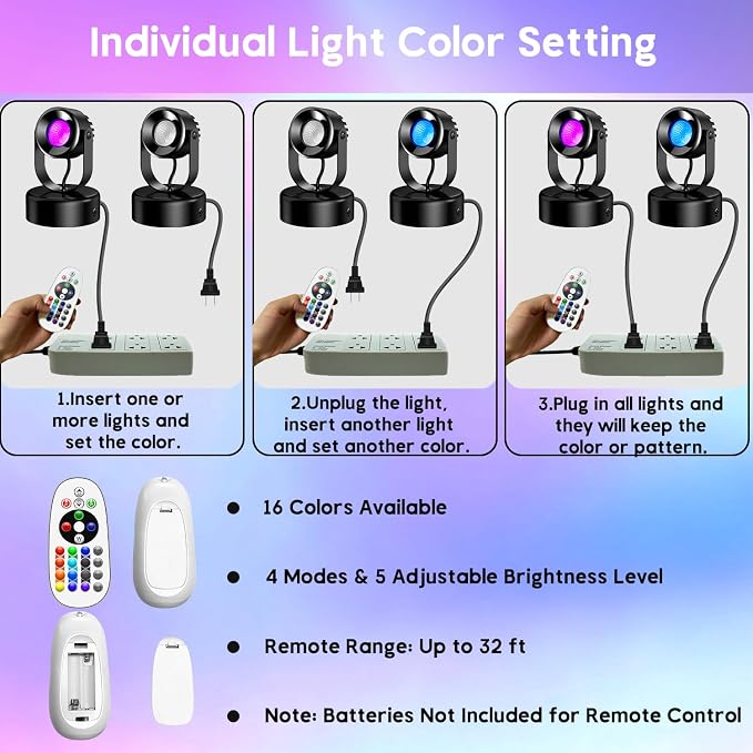 7W RGBW Uplights Indoor, Spotlights Indoor Christmas LED Color Changing Uplights Indoor with Remote Dimmable Function Memory Feature LED Ambient Lighting for Party,Bar,Esports Room,2 Pack