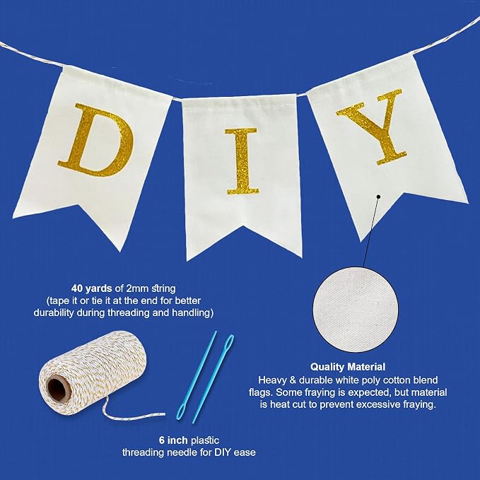 Pre-Printed Banner Kit – 97 White CANVAS Flags with GOLD Letters, Numbers & Symbols, Reusable DIY Custom Banner, Make Your Own Personalized Party Banner, Faux Burlap, Includes Twine & 2 Needles