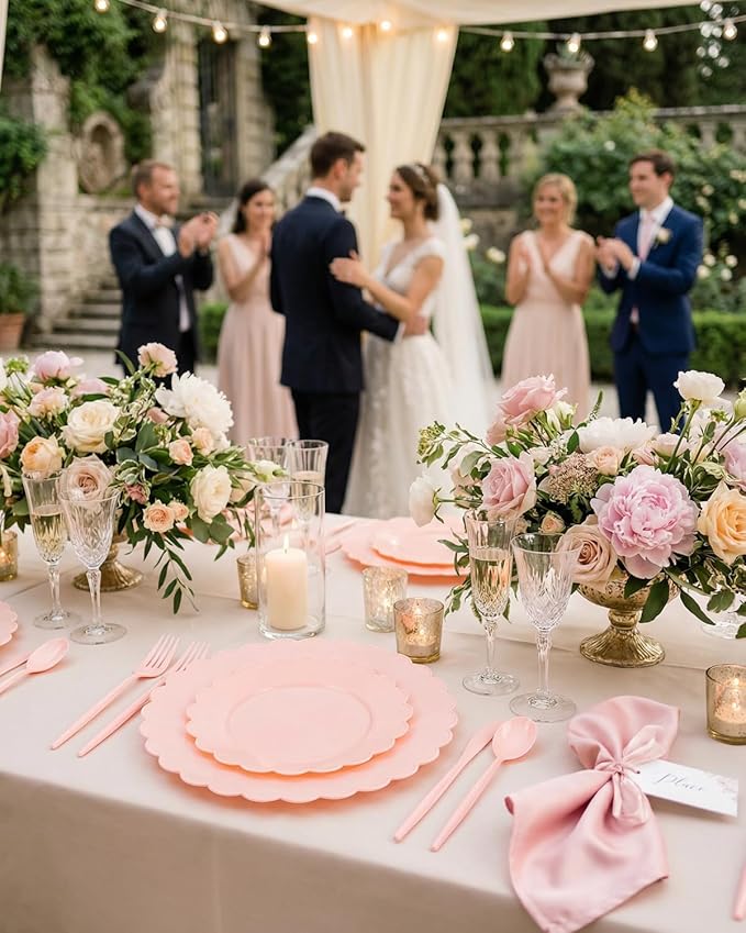 WONDERFUL 150 Pcs Pink Plastic Plates Disposable Plastic Dinnerware Set Pink Plate and Silverware Set Disposable Plates for Party Wedding & Bridal Shower Party Mothers Day Decor 30 Guests