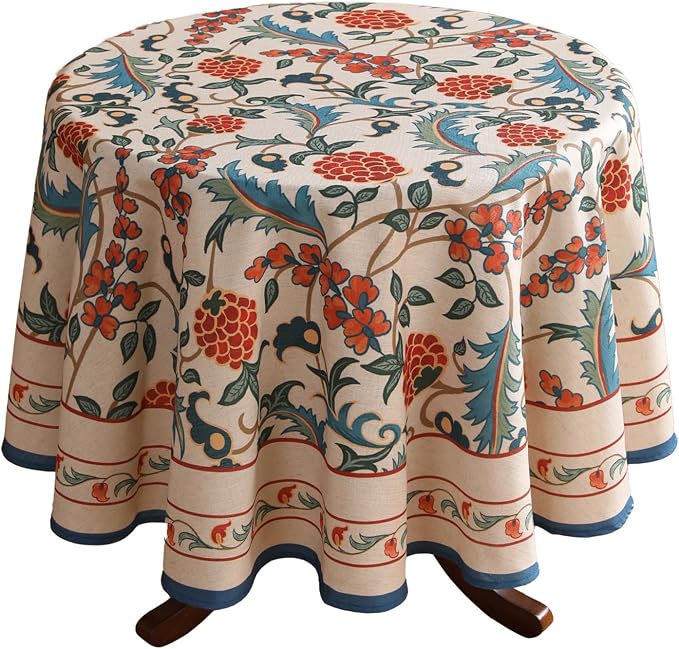 patdrea Elegant French Linen Tablecloth,Round,Diameter 67"-Puno | Luxurious Table Cloth for Round Table,Vintage Colorful Floral Design,Dining Room Kitchen Tea Party Decorations
