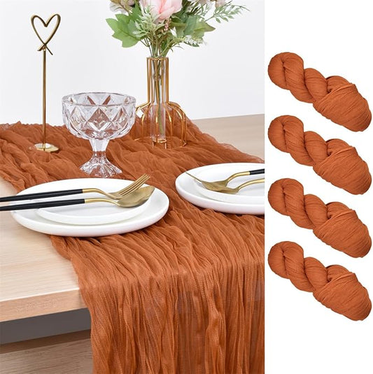 Joanlody Terracotta Cheesecloth Table Runner Spring Summer 10Ft Rustic Gauze Boho Cheese Cloth Table Runner for Wedding Bridal Baby Shower Decoration 4 Pack