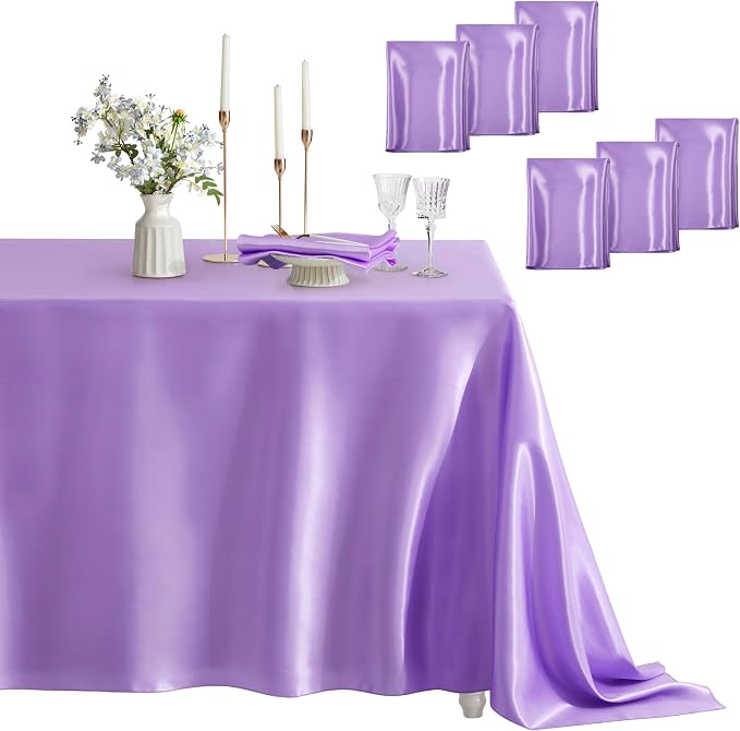 6 Pack Satin Table Cover Silkly Soft Table Cloth, Satin Dining Table Cloths for Wedding Banquet Table Decoration, Dining Room, Indoor and Outdoor Use, 60 x 120 Inches, Light Purple