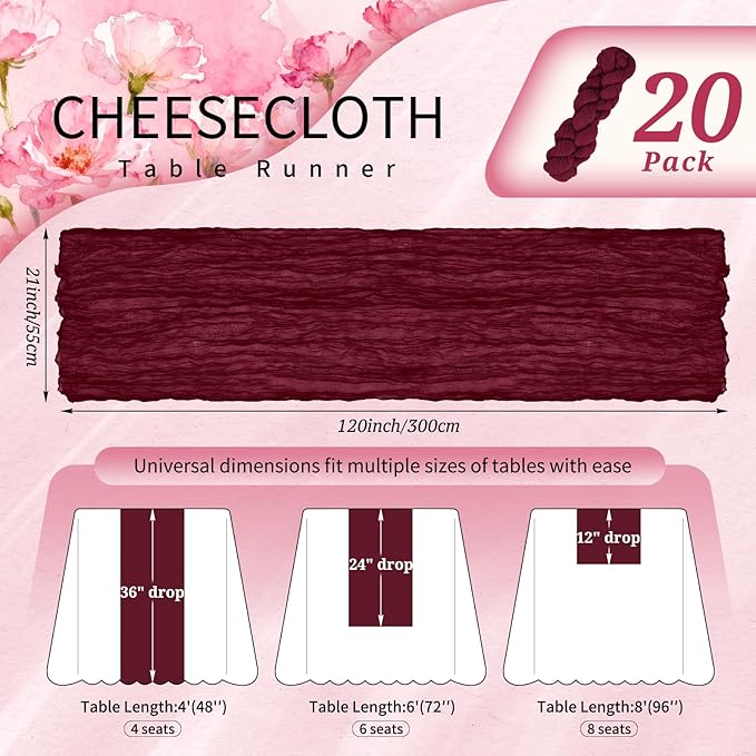 20 Pack Burgundy Red Cheesecloth Table Runner 10FT Boho Gauze Cheese Cloth Table Runners Romantic Rustic Sheer Table Decorations for Wedding Party Baby Shower Birthday Holiday Home