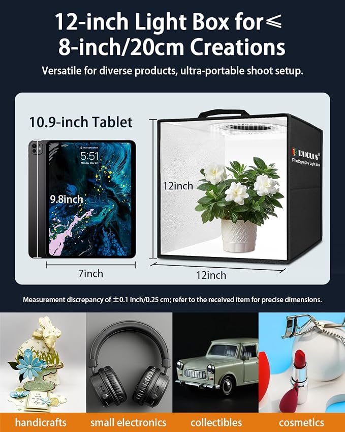 DUCLUS Light Box Photography, 12"x12" Photo Booth Box with 120 LED Lights Dimmable & CRI＞95, Portable Lightbox with 8 Backdrops for Mini Product Photography: Jewelry, Cards, Watches