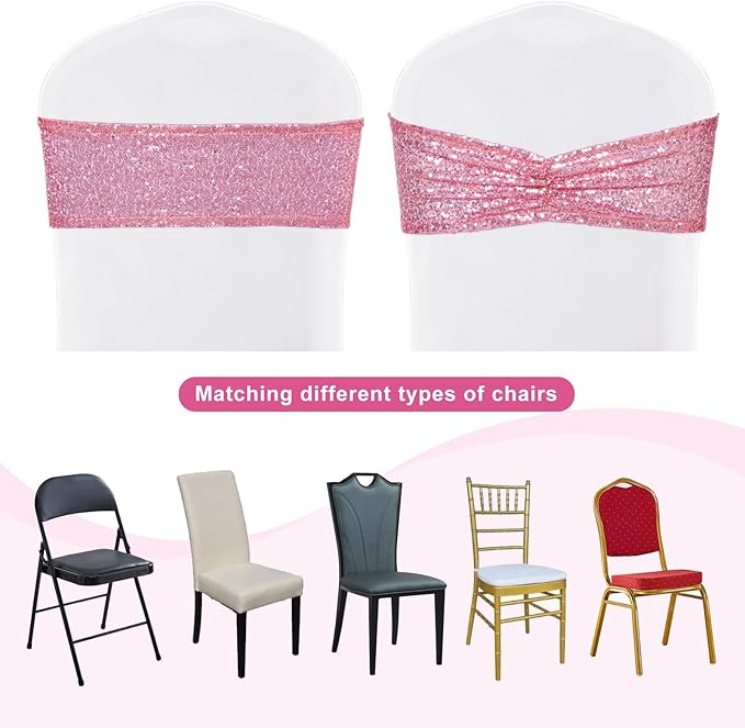 SquarePie 50 Pcs Sequin Chair Sashes Fuchsia Pink Sparkly Sequin Sashes Bands for Wedding Party Festive Chair Cover Decor