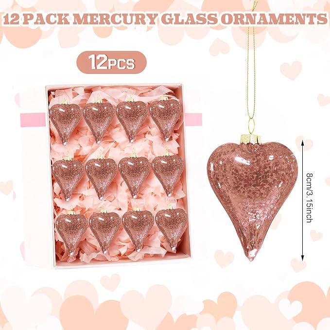 RattanView 12 Pack Valentine Heart Glass Ornament 3.2 inch Rose Gold Glass Heart Shaped Ornament Shiny Antique Romantic Love Shaped for Valentine Gift Wedding Anniversary Holiday Hanging Tree Decor
