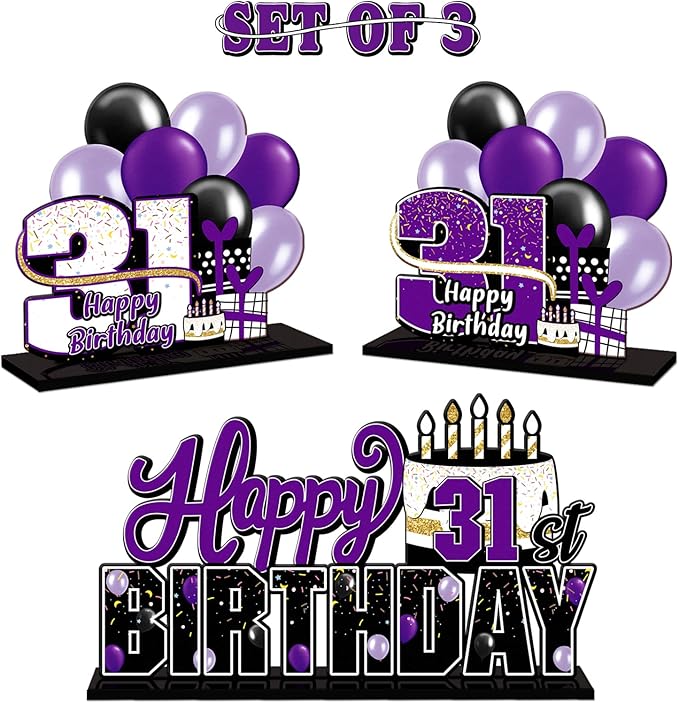 LINGTEER Happy 31st Birthday Purple Acrylic Table Topper Centerpieces Set - Cheers to 31 Years Old Birthday 31st Bday Party Gift Decorations.