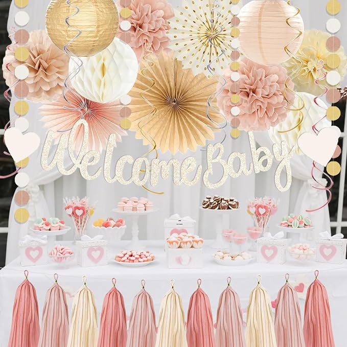 Champagne-Gold Boho Baby Shower Party Decoration -Welcome Baby Banner with Neutral Paper Lanterns, Girl Tassel Garland, Honeycomb Balls, Paper Flowers, Fans, Hanging Swirls Beige Peach Backdrop Décor