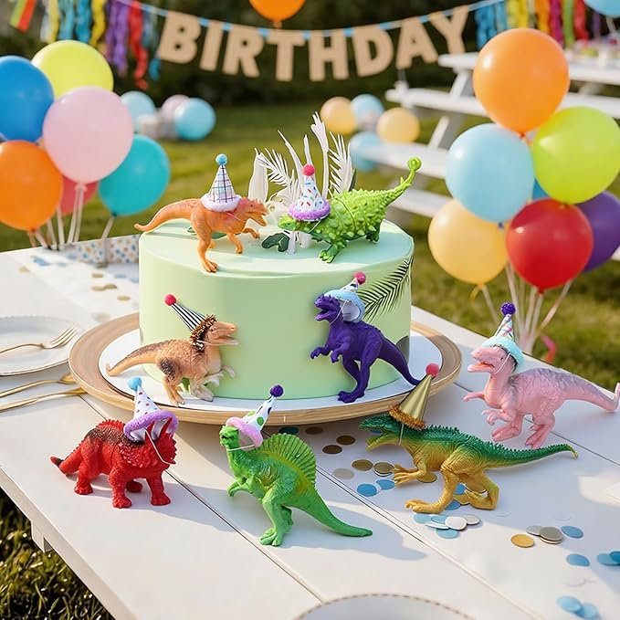 Colingmill 18 Pcs Colorful Dinosaur Birthday Party Decorations Mini Birthday Hat Animal Figure Model Cake Toppers with Mini Hat for Animals Themed Party