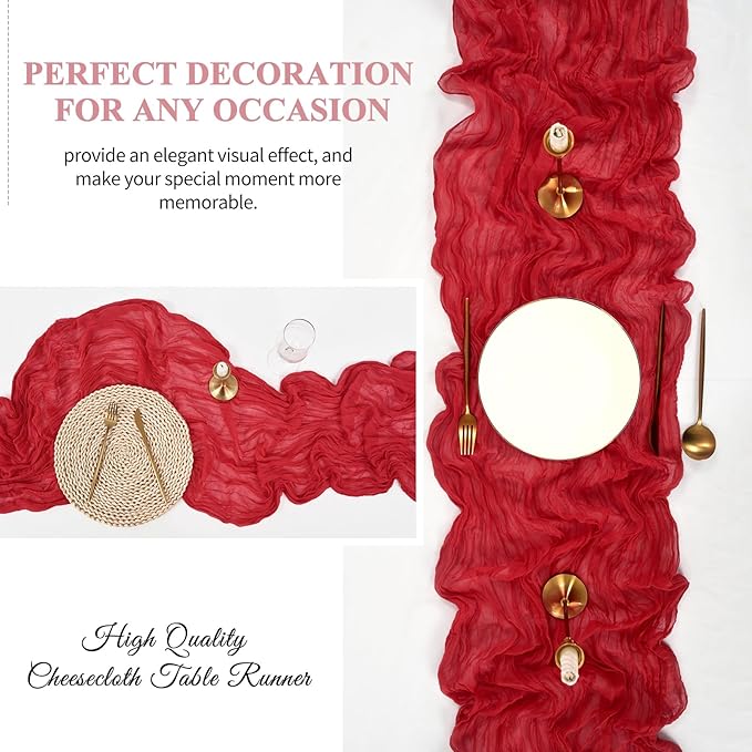 16 Pack 10Ft Cheesecloth Table Runner Red, 20 x 120 Inch Rustic Gauze Boho Cheese Cloth Table Runners Wedding Long Table Runner for Wedding Party Bridal Shower Table Decoration