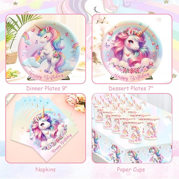 191 Pc Unicorn Birthday Decorations for Girls – Complete Unicorn Party Decorations Supplies Kit with Backdrop, Banner, Plates, Napkins, Balloons, Headband, Tablecloth – Rainbow Party For Kids