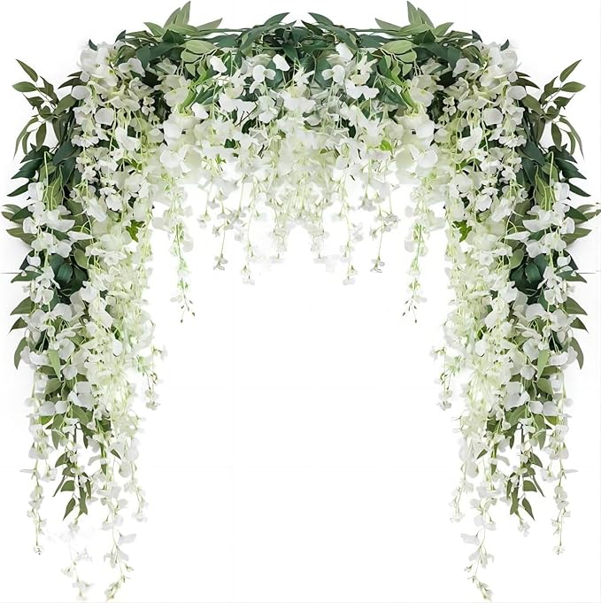 JUSTOYOU 3PCS 7FT 12 Stem Artificial Wisteria Vine Garland Fake Flower Wisteria Garlands for Outdoor Indoor Wedding Wall Bedroom Decoration(White)