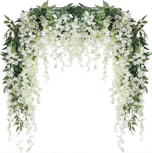 JUSTOYOU 3PCS 7FT 12 Stem Artificial Wisteria Vine Garland Fake Flower Wisteria Garlands for Outdoor Indoor Wedding Wall Bedroom Decoration(White)