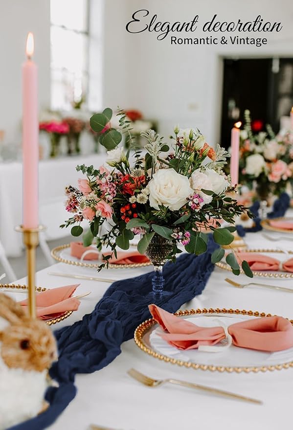 10 Pack Navy Blue Cheesecloth Table Runner 17x108 Inch Semi Sheer Boho Gauze Cheese Cloth Table Runners, for Wedding Bridal Shower Birthday Party Home Decor Garden Farmhouse