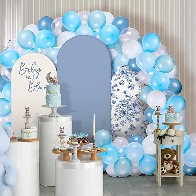 Foilswirl Baby in Bloom Balloon Arch Kit 34 Pcs Blue Baby Shower Party Decorations 4ft 5ft 6ft Blue and White Floral Spandex Arch Backdrop Cover with Balloons for Shower Decor