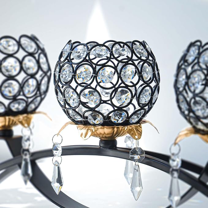 Set of 3 Crystal Tea Light Candlestick Holders Flower Shape with Crystal Pendant Bowl Votive Metal Candle Holder for Table Centerpieces Wedding Home Decor (Black+Gold)