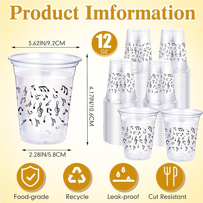 Funnymoom 60 Pack Music Notes Cup 12 oz Disposable Clear Plastic Musical Cups for Men Women Music Birthday Party Decorations Favors Wedding Anniversary