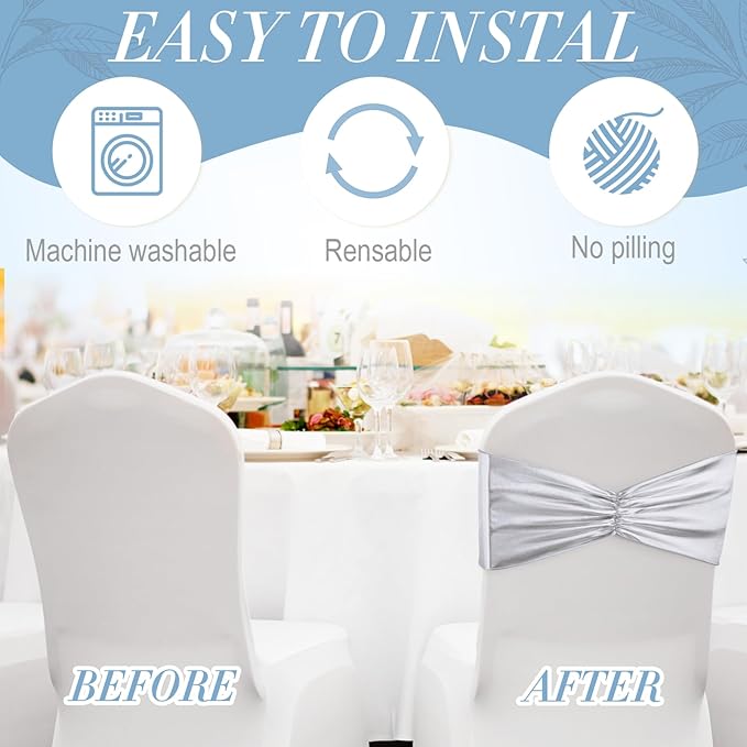 Hahafelt 100 pcs Chair Sashes Shiny Bow Spandex Bands for Chair Wedding Banquet Parties Reception Restaurant Decoration, Sliver
