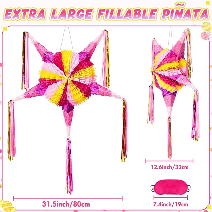 WERNNSAI Large 32" Cinco de Mayo Star Piñata - Foldable Pink Mexican Star Piñata for Kids Girls Pink Piñata Fiesta Party Decorations Luau Event Birthday Party Supplies Mexican Theme Carnivals