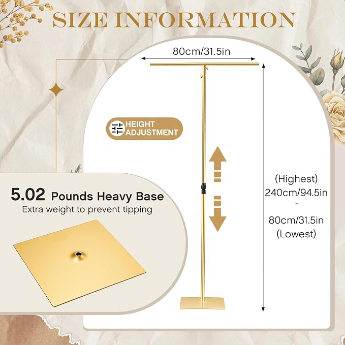 Novabright 2pcs Adjustable Backdrop Stand, 3.2FT to 8FT Heavy Duty Metal Background Frame with Stable Base, Gold Stand for Wedding, Birthday, Photo Booth, Events Decorations