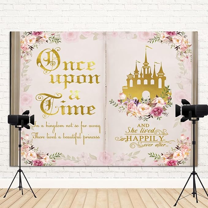 5x4ft Once Upon a Time Backdrop Pink Flower Gold Castle Photography Background Fairy Tale Books Floral Princess Girls Birthday Banner Decorations Fairytale Wedding Portrait Photo Booth Prop