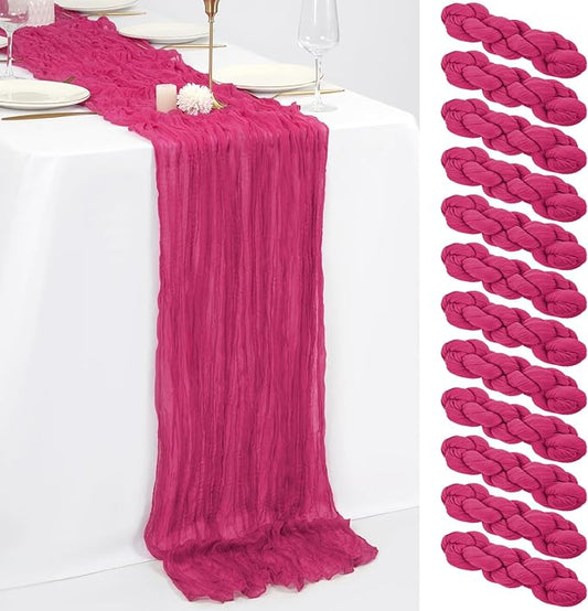 12 Pack 10Ft Hot Pink Cheesecloth Table Runner 35 x 120 inch Boho Gauze Cheese Cloth Table Runner Vintage Rustic Sheer Runners for Wedding Bridal Shower Birthday Party Cake Table Decorations