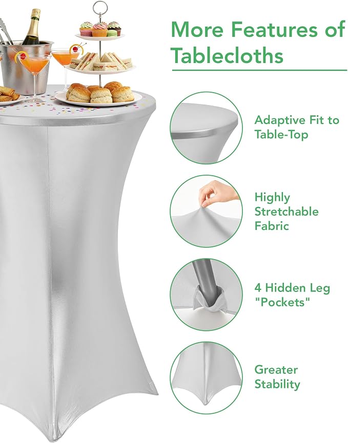 Cocktail High Top Table Covers - 32x43 Inch Fitted Spandex Round Cocktail Tablecloth for Bar Height Standing Table Cloths Reusable, for Party Wedding Banquet Event Decorations, Shiny White, 8 Pack
