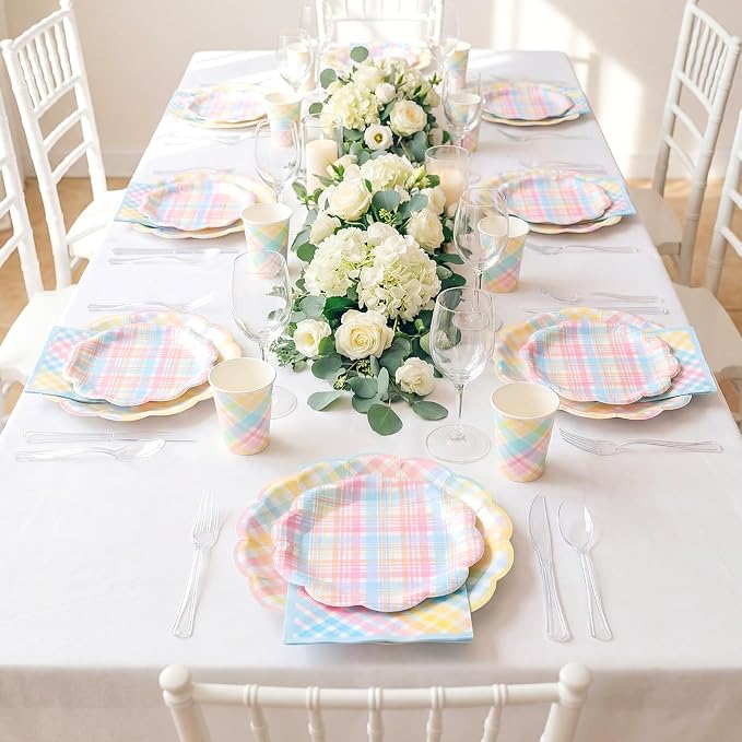 FillTouch 50 Sets Pastel Gingham Disposable Tableware Pastel Paper Plates Cups Napkins Clear Knives Forks Spoons for Birthday Baby Shower Wedding Party Decoration