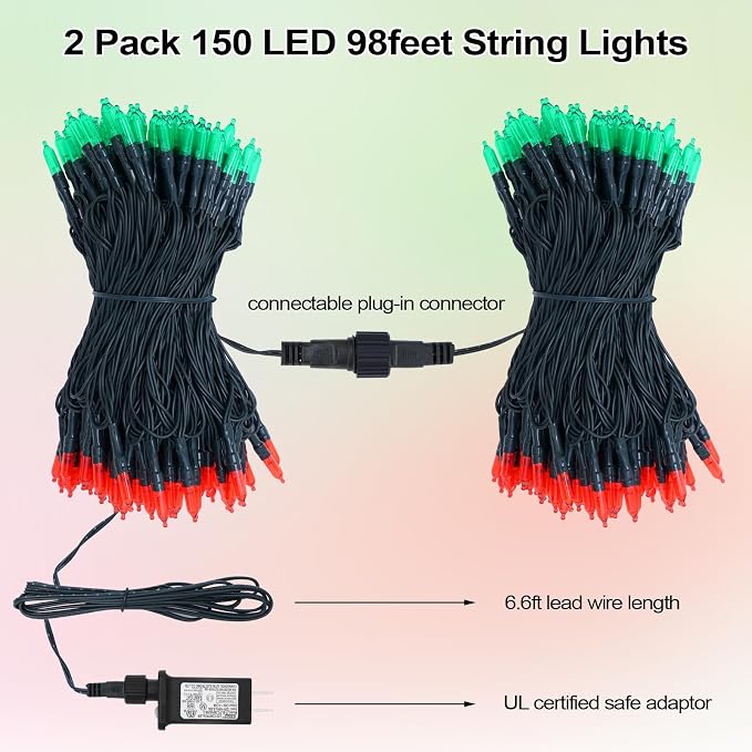 Christmas Lights - 98ft 2 Pack 150 Count Connectable Waterproof Led Fairy Lights Bulbs for Indoor Outdoor Christmas Tree Wedding Valentine's Day Decor (Red Green, 150 Count - 2 Pack)