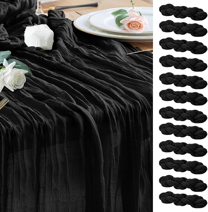 Wokceer Cheesecloth Table Runner Christmas 12Pack 10FT Black Boho Gauze Cheese Cloth Table Runner for Party Long Rustic Sheer Table Runners for Baby Bridal Shower Wedding Easter Table Decor