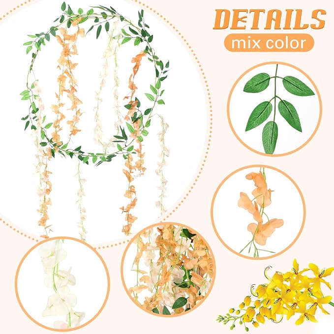 Thiccywoov 4pcs Wisteria Artificial Flowers Garland, 7.2Ft/Piece Wisteria Hanging Flowers Garland for Wedding Arch Decoration Outdoor Ceremony Home Backdrop Garden (Champagne,Orange)
