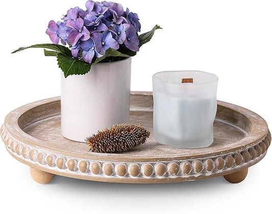 Decorative Coffee Table Tray, Round Wooden Tray Decor -Beige Beaded Distressed Rustic Farmhouse- Table Centerpieces for Dining Room Entryway Kitchen Counter Living Room