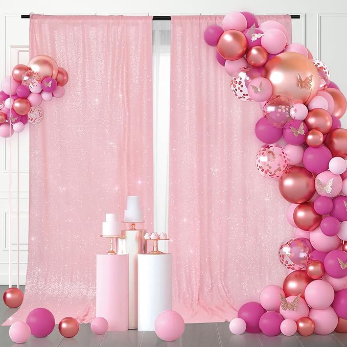 PartyDelight Pink Sequin Backdrop 5x10ft 2 Panels 4 Inch Rod Pocket | Dense 3mm pink sequins on mesh backing with 4 inch rod pocket for wide reception walls head tables stages and layered event