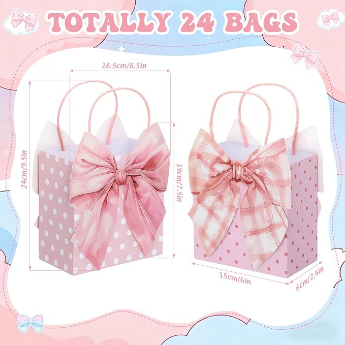 Tosstuki 24 Pcs Pink Bow Party Favor Bags 3D Coquette Bow Birthday Gift Goodie Bags with Handles Cute Girly Treat Paper Bag for Women Birthday Wedding Party Decorations Supplies