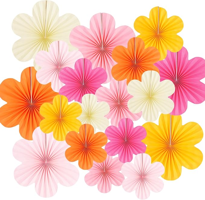 DODOKIM Paper Fans Party Decorations Paper Flowers Decorations for Wall Floral Backdrop Classroom Baby Shower Birthday Party Flower Wall Decor Pack of 18 Pink Orange Yellow