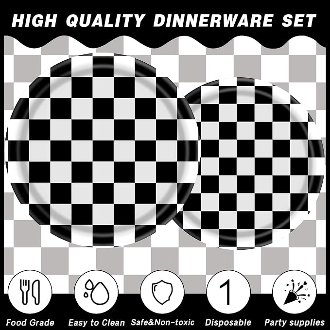 170 Pcs Race Car Party Plates and Napkins Sets, Black and White Checkered Birthday Decorations Tableware, Racing Sports Themed Dinnerware for Kids Boys Birthday Baby Shower Home Decor, Serves 24