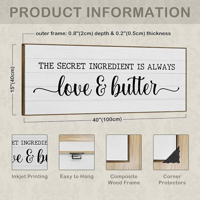 TLESKE the Secret Ingredient Is Always Love and Butter Sign Large Wall Art Decor Framed for Kitchen Dining Room 15x40, Funny Canvas Wall Art Print for Kitchen, Rustic Farmhouse Signs Wall Picture
