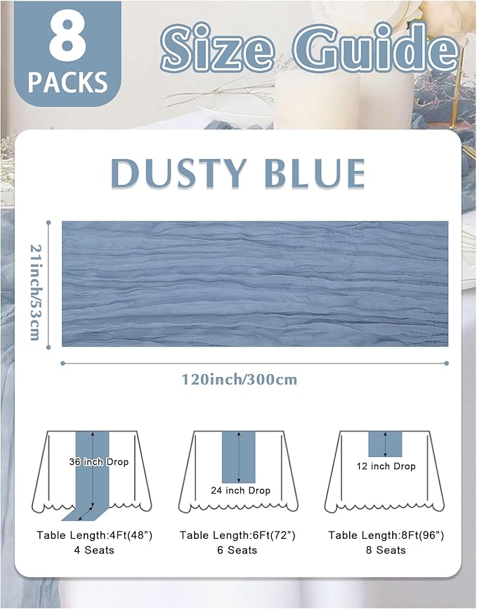 8 Pack Dusty Blue Cheesecloth Table Runner 21x120 Inch Gauze Table Runners Reusable Polyester 10ft Boho Rustic Cheese Cloth Table Runner for Wedding Party Baby Shower