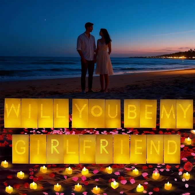Will You Be My Girlfriend Decorations – Valentine’s Day Surprise Set with Light Up Letters, 30 Tea Light Candles, 2000 Rose Petals, 10 Balloons – Luminary Bags for Romantic Setup