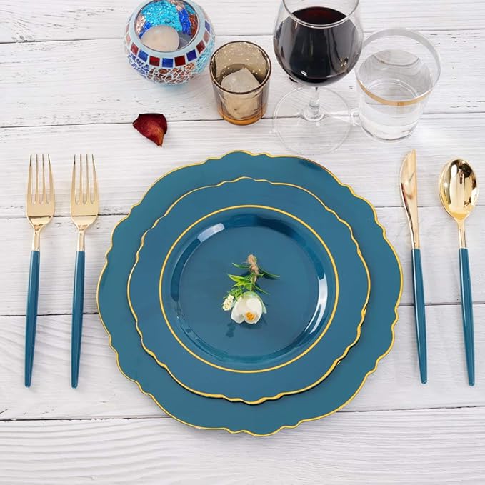 Nervure 100PCS Teal Plastic Plates With Gold Rim & Gold Disposable Silverware with Teal Handle Include 40 Plates, 60 Plastic Sivlerware for Party & Wedding