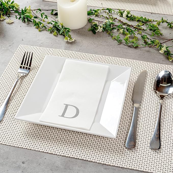 Luxenap 15.8 X 7.9 Inch Linen-Feel Guest Towels, 2000 Lettered Hand Towels - Silver Letter 'D', Sans Serif Font, White Paper Dinner Napkins, airlaid, For Restrooms And Tables - Restaurantware