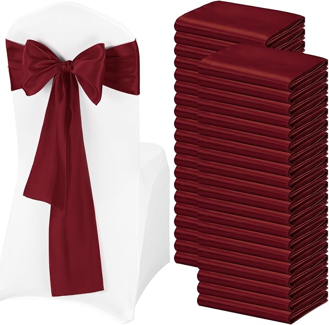 Pesonlook 120 PCS Burgundy Satin Chair Sashes Bows,Satin Chair Sashes Universal Chair Cover for Wedding Reception Restaurant Event Decoration Banquet,Party,Hotel Event Decorations (7 x 108 inch)
