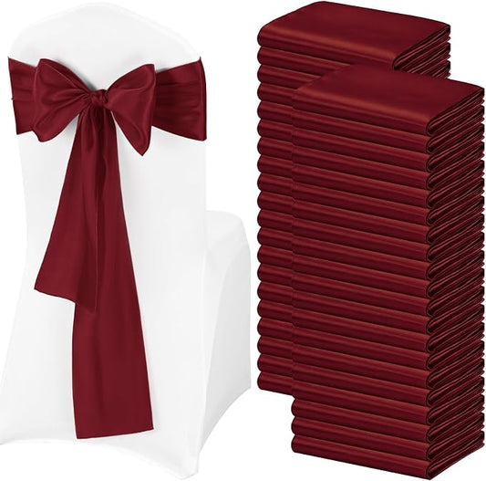 Pesonlook 120 PCS Burgundy Satin Chair Sashes Bows,Satin Chair Sashes Universal Chair Cover for Wedding Reception Restaurant Event Decoration Banquet,Party,Hotel Event Decorations (7 x 108 inch)