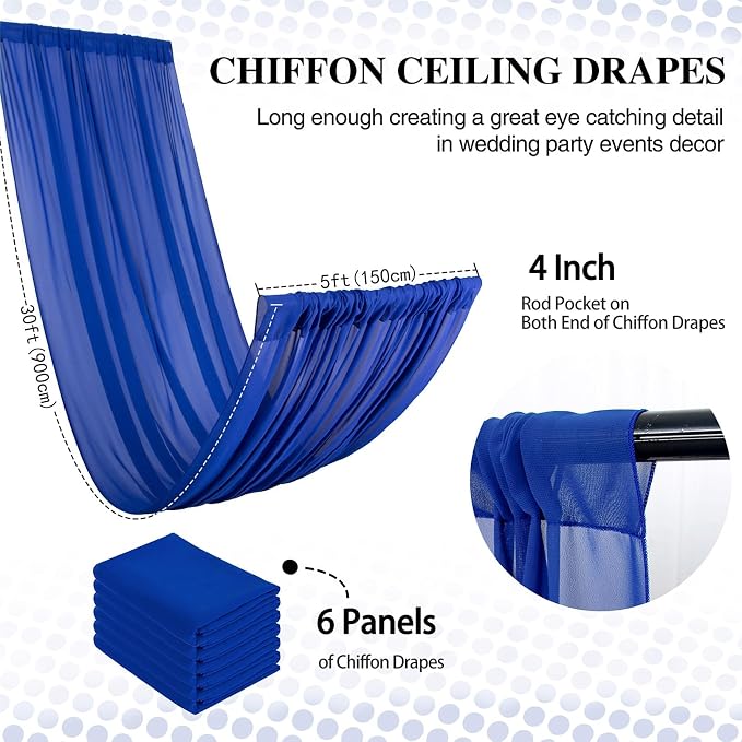 DUOBAO Royal Blue Chiffon Ceiling Drapes 5FTx30FT 6 Panels Sheer Canopy Drapes for Valentine's Day Wedding Party Event Ceiling Decor