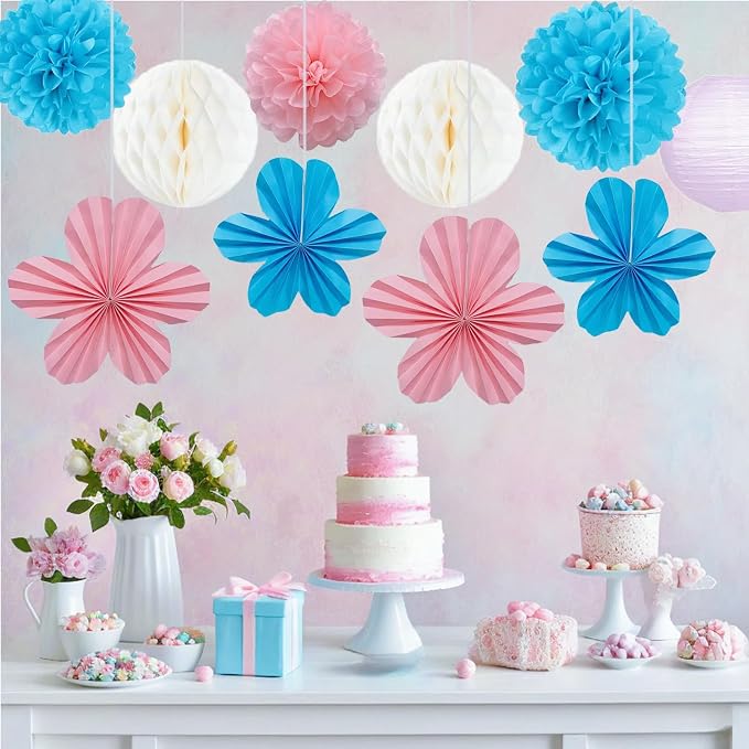 Birthday Party Decorations Kit Blue Pink & Gold, Happy Birthday Banner Garland Paper Pompoms, Flower Fans, Honeycom Ball , Lantern, Hanging Swirls, 20pcs