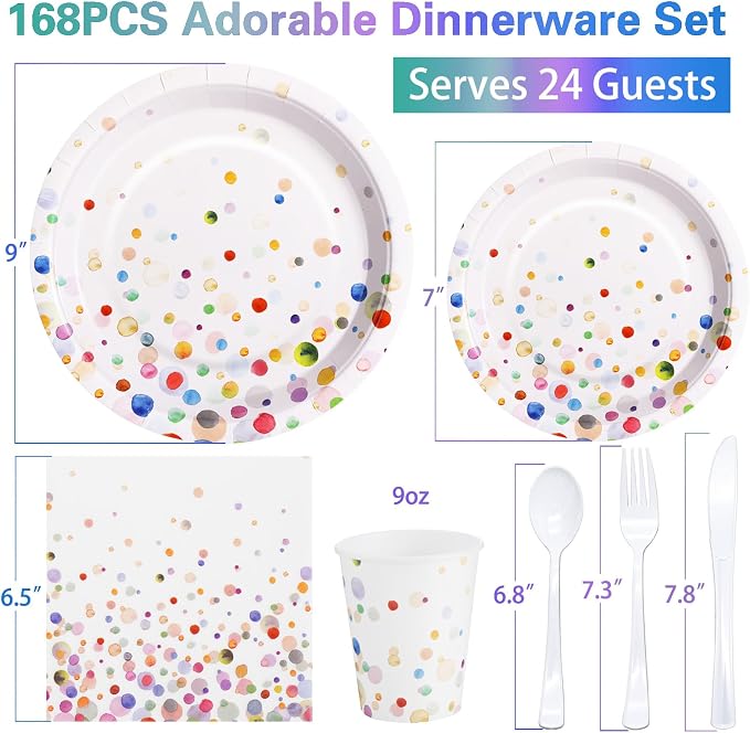 Colorful Birthday Plates and Napkins 168PCS Happy Birthday Party Plates Set for Holiday Party Supplies Bubble Decorations,Confetti Colorful Paper Plates Disposable Tableware Serve 24